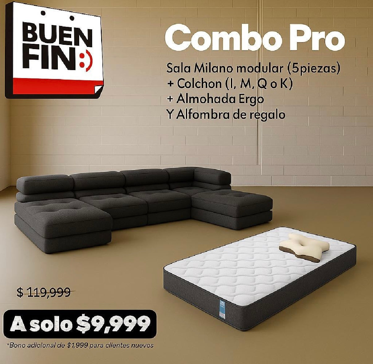 Combo Milano (sofa milano modular 5P, colchon, almohada)