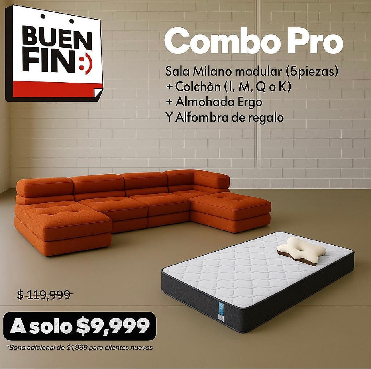 Combo Milano (sofa milano modular 5P, colchon, almohada)