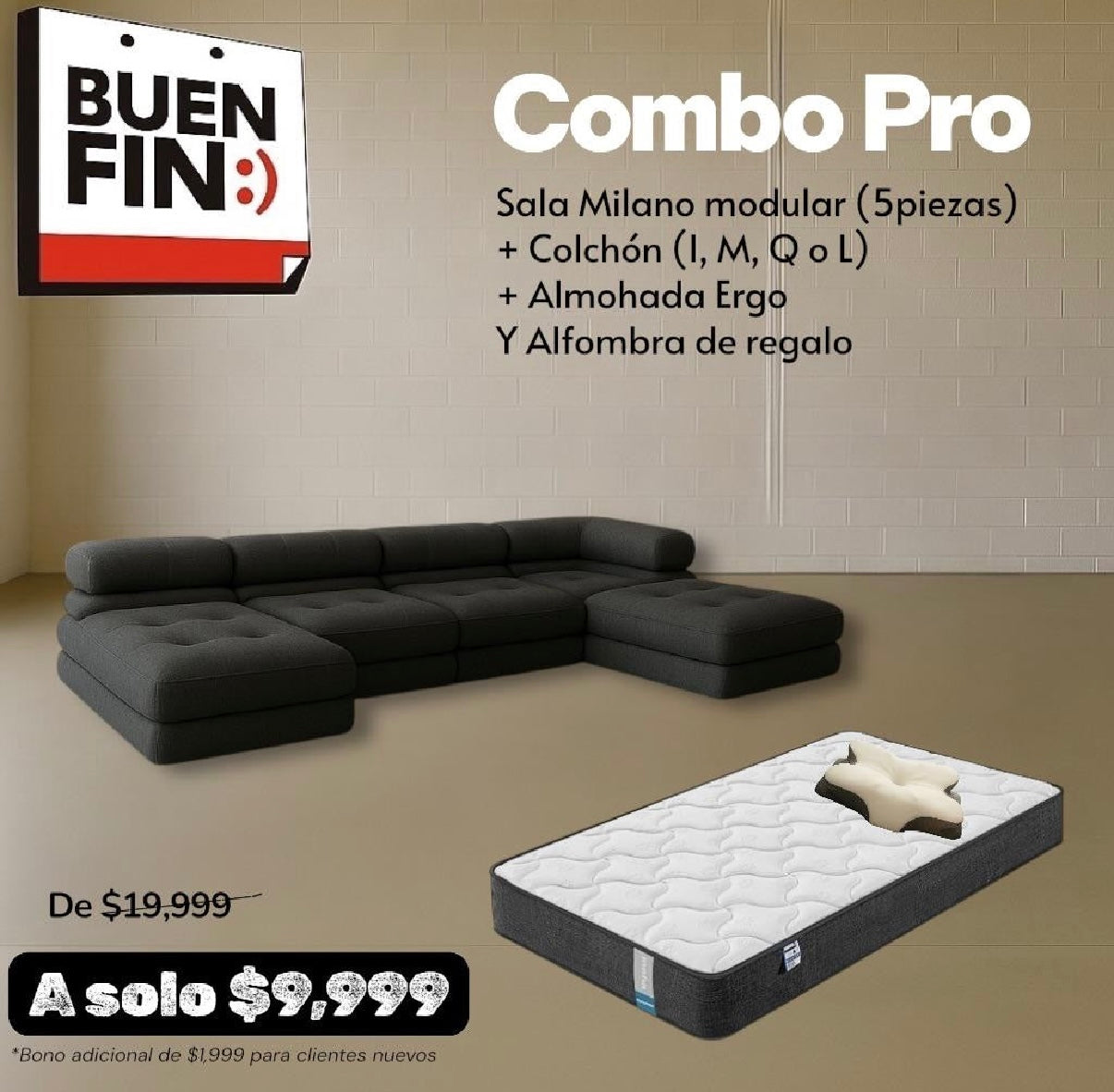 Combo Milano (sofa milano modular 5P, colchon, almohada)