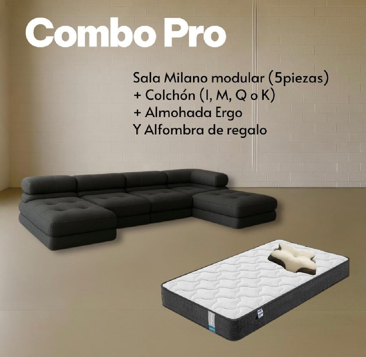Combo Milano (sofa milano modular 5P, colchon, almohada)