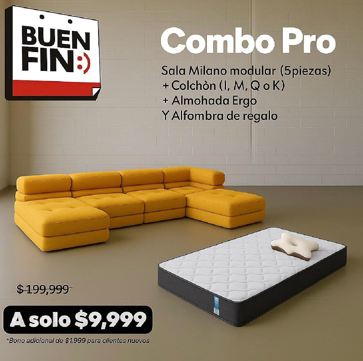 Combo Milano (sofa milano modular 5P, colchon, almohada)
