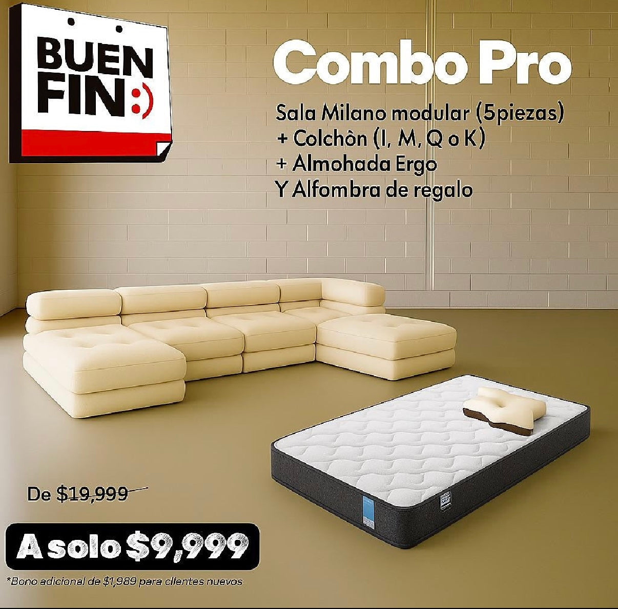 Combo Milano (sofa milano modular 5P, colchon, almohada)