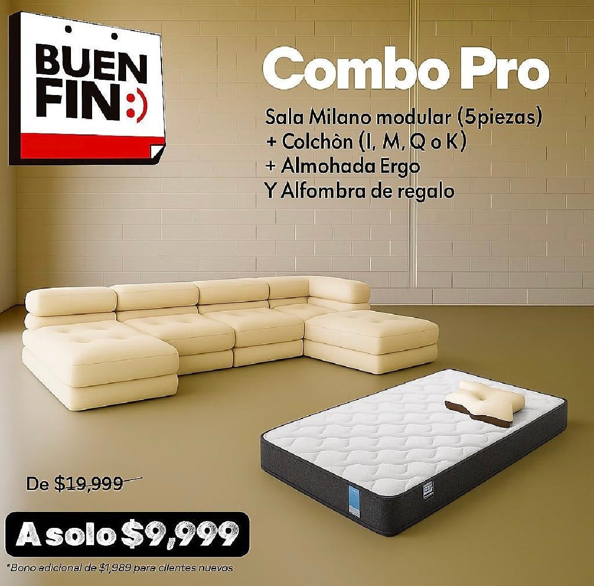 Combo Milano (sofa milano modular 5P, colchon, almohada)