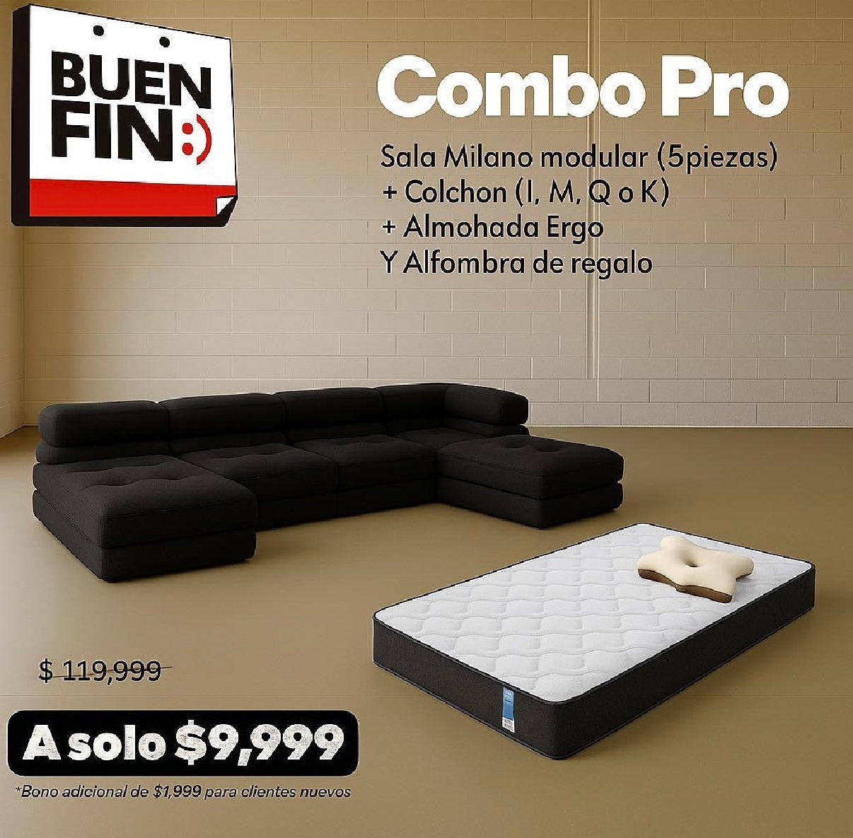 Combo Milano (sofa milano modular 5P, colchon, almohada)